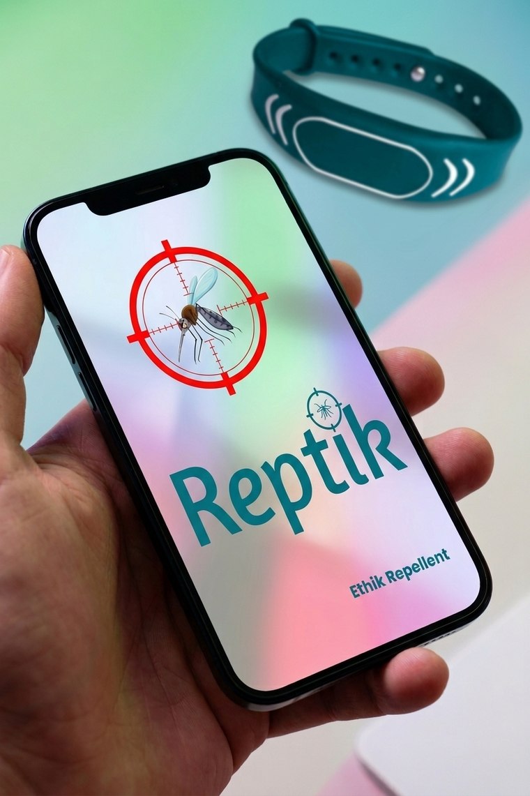 Une main tenant un smartphone affichant l'application REPTIK, avec un bracelet REPTIK en arrière-plan